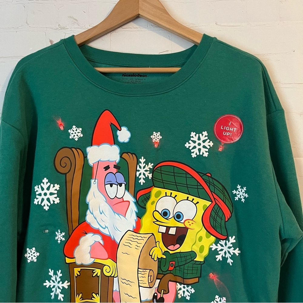 Nickelodeon SpongeBob Christmas Light Up Sweatshirt Womens Size XL Green - Picture 2 of 9